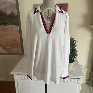 Tommy Hilfiger White V-Neck Blouse with Black and Red Ribbon Piping